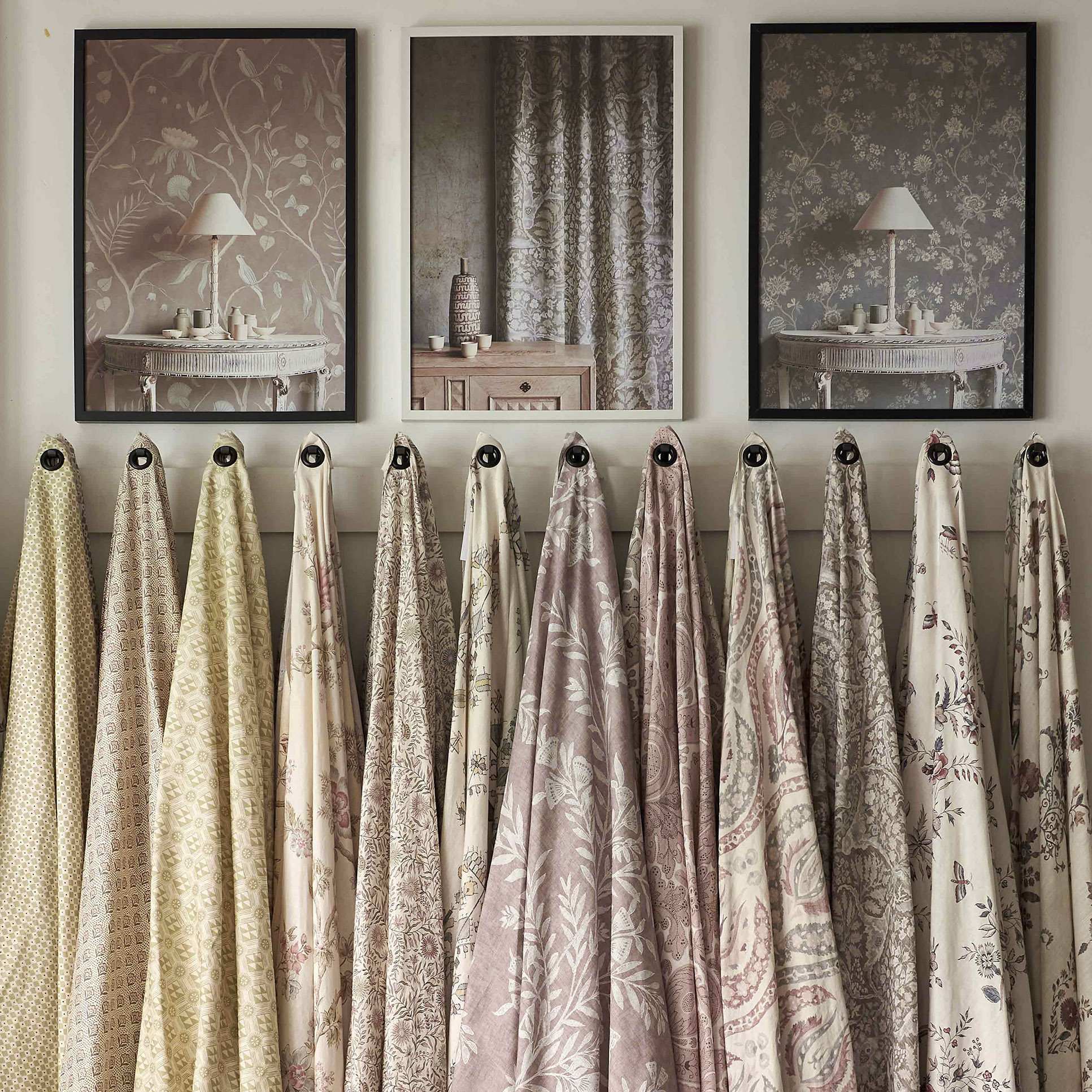 hanging fabrics, lewis and wood London showroom Chelsea Harbour